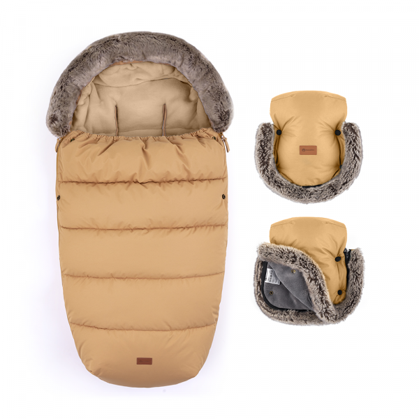 PETITE&MARS Set zimný fusak Comfy 4v1 + rukavice na kočík Furry Elegant Caramel 