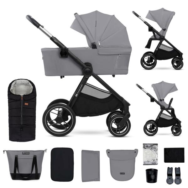 KINDERKRAFT Kočík kombinovaný Nea 2 2v1 Platinum Grey + Fusak 3v1 Jibot Horizontal Ink Black 