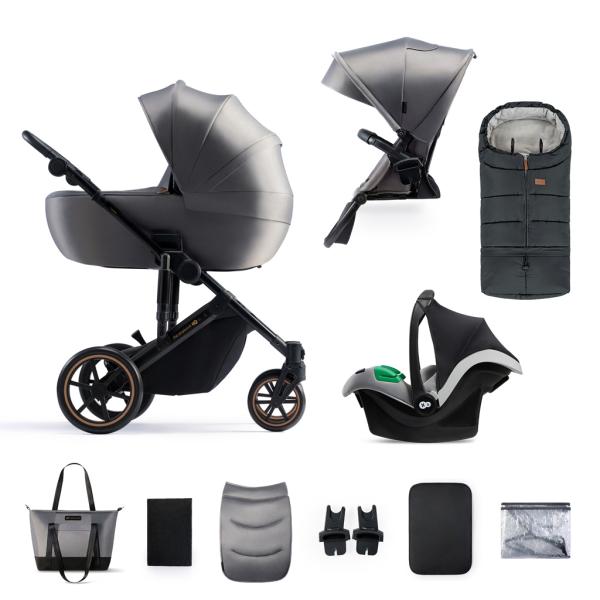 KINDERKRAFT SELECT Kočík kombinovaný 3v1 Prime 2 Shadow Grey, Premium + Fusak Jibot Charcoal Grey 