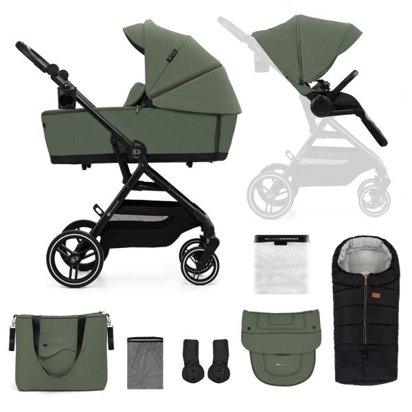 KINDERKRAFT SELECT Kočík kombinovaný Yoxi 2v1 Mystic Green + Fusak 3v1 Jibot Horizontal Ink Black 