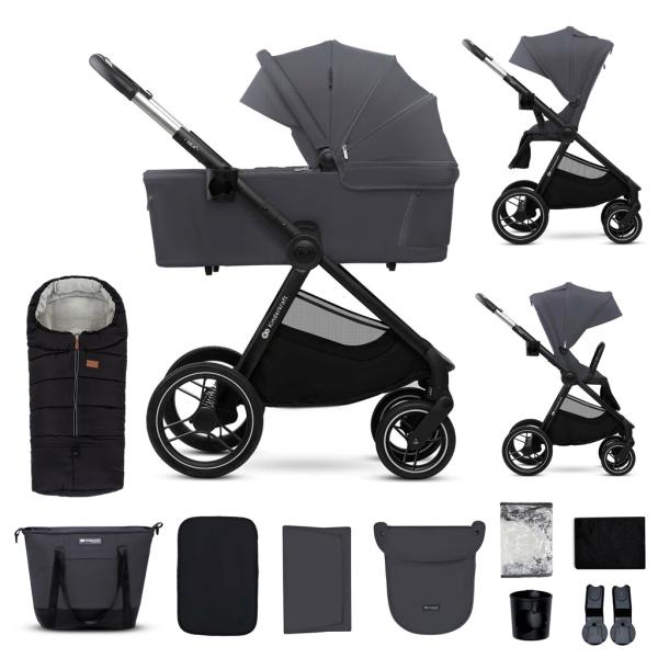 KINDERKRAFT Kočík kombinovaný Nea 2 2v1 Dark Grey + Fusak 3v1 Jibot Horizontal Ink Black 