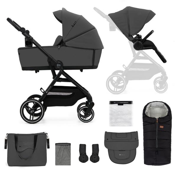 KINDERKRAFT SELECT Kočík kombinovaný Yoxi 2v1 Moonlight Grey + Fusak 3v1 Jibot Horizontal Ink Black 